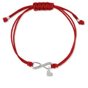 Bransoletka na czerwonym sznurku srebrna nieskończoność