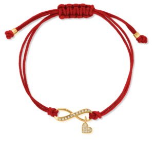 Bransoletka na czerwonym sznurku srebrna pozłacana z nieskończonością