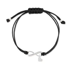 Bransoletka na czarnym sznurku srebrna nieskończoność