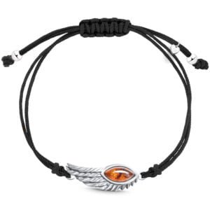 Bransoletka srebrna na sznurku z bursztynem skrzydło anioła