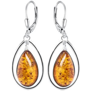 Kolczyki srebrne z bursztynem i cyrkonią