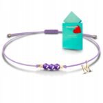 Ametyst bransoletka srebro pozłacane sznurek kamienie literka złota 925