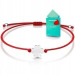 Bransoletka na sznurku koniczyna koniczynka srebrna czerwona na szczęście