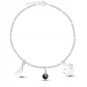 Bransoletka damska koniczynka czarny turmalin z literka na szczęście ag 925